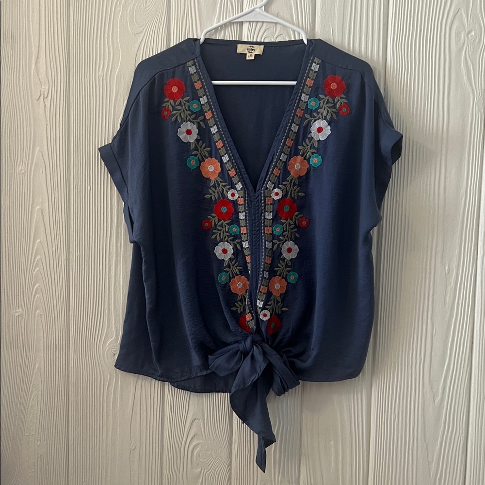 Entro Navy Top with Floral Embroidery